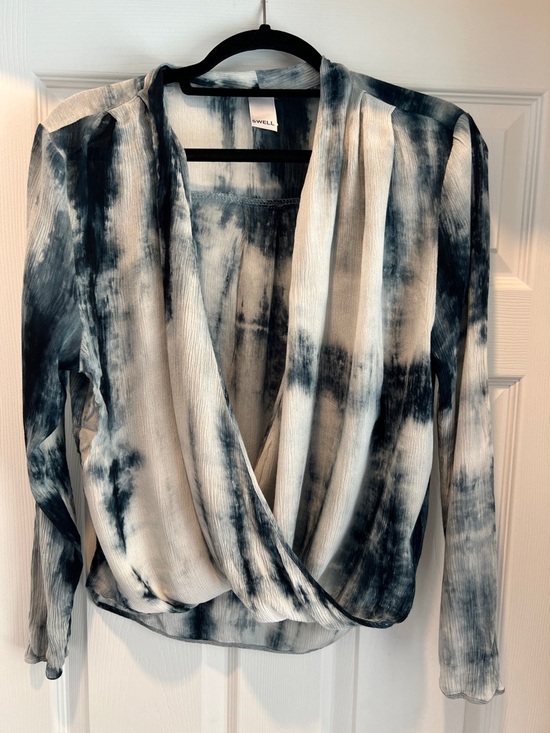 Swell Tops - Swell Blue, Black & White Tie-Dye Surplice Blouse